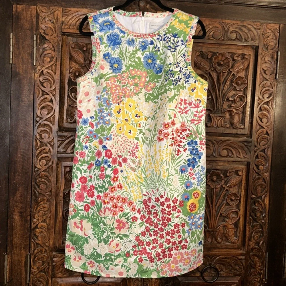 MOLLY MOORKAMP Sz 12 gorgeous 100% cotton faille floral shift back zip dress_3